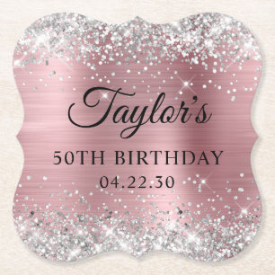 Silver Glitter Light Pink Foil 50th Birthday Paper Coaster
