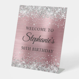 Silver Glitter Light Pink Foil 50th Birthday Pedestal Sign