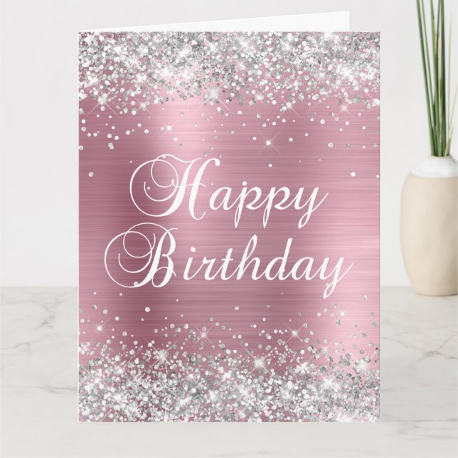 Silver Glitter Light Pink Foil Big Happy Birthday Card (Front)