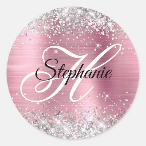 Silver Glitter Light Pink Foil Fancy Monogram Classic Round Sticker