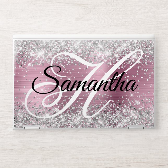 Silver Glitter Light Pink Foil Fancy Monogram HP Laptop Skin (Front)