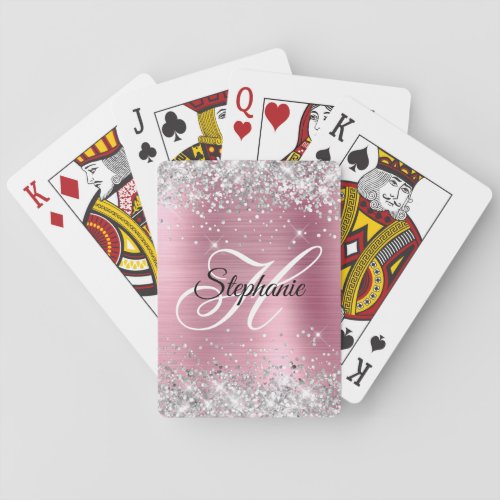 Silver Glitter Light Pink Foil Fancy Monogram Poker Cards