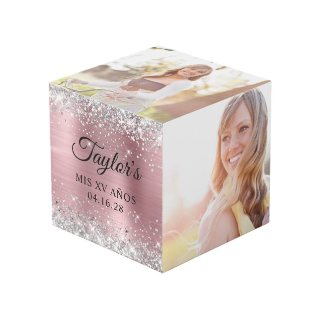 Silver Glitter Light Pink Foil Mis XV Años Photo Cube (Front Angled)