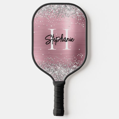 Silver Glitter Light Pink Foil Monogrammed Pickleball Paddle