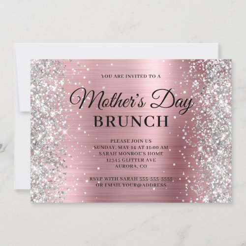 Silver Glitter Light Pink Foil Mothers Day Brunch Invitation