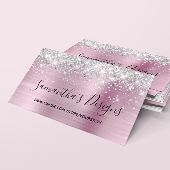 Silver Glitter Light Pink Foil Online Store Business Card (Silver Glitter Light Pink Metallic Foil Online Store Business Card)