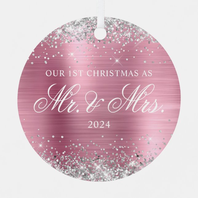 Silver Glitter Light Pink Foil Our 1st Christmas Metal Ornament (Front)