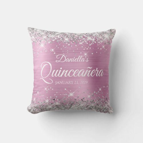 Silver Glitter Light Pink Foil Quinceaera Throw Pillow