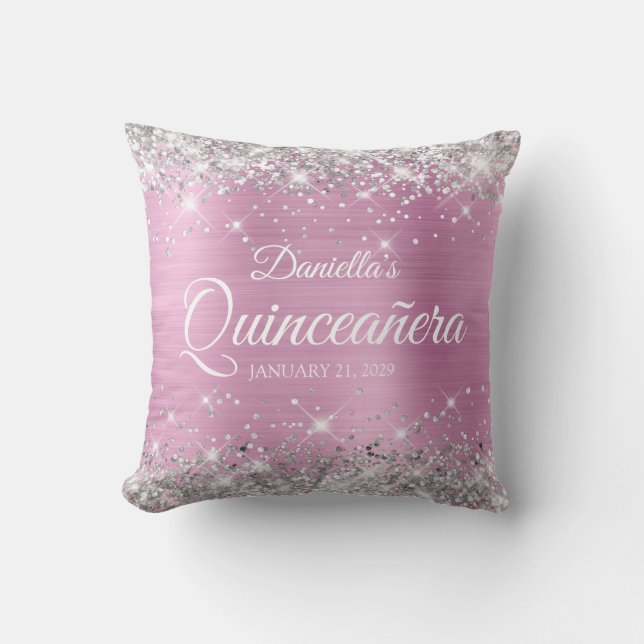 Silver Glitter Light Pink Foil Quinceañera Throw Pillow (Front)