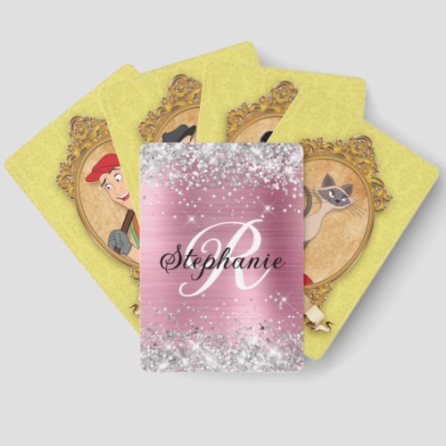 Silver Glitter Light Pink Girly Bold Monogram Old Maid Cards