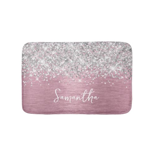 Silver Glitter Light Pink Glam Name Bath Mat