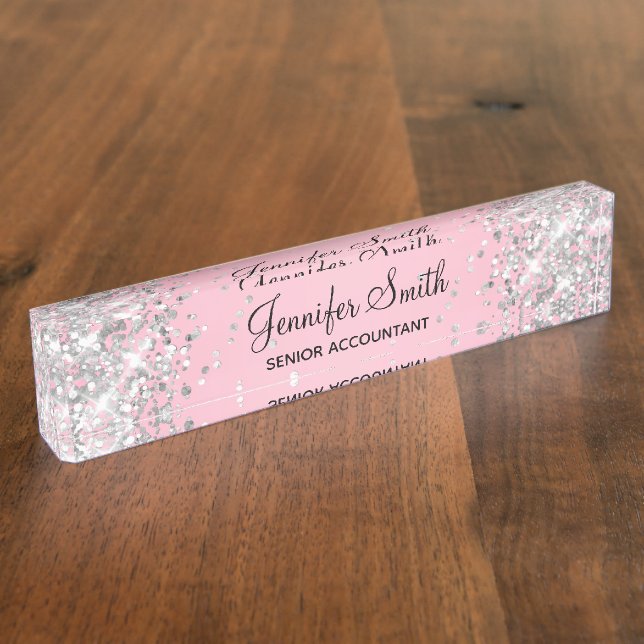 Silver Glitter Light Pink Gradient Desk Name Plate (Side)