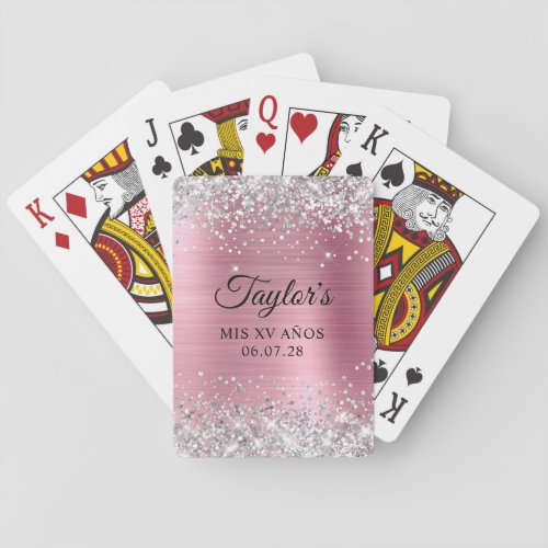 Silver Glitter Light Pink Mis XV Anos Birthday Poker Cards