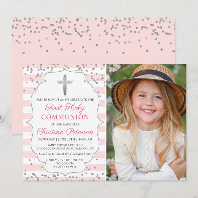 Silver Glitter Light Pink Photo First Communion Invitation (Front/Back)
