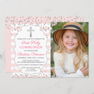 Silver Glitter Light Pink Photo First Communion Invitation
