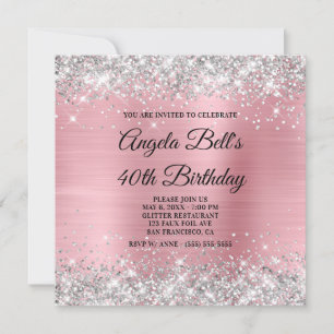 Silver Glitter Light Pink Shimmer Foil Monogram Invitation