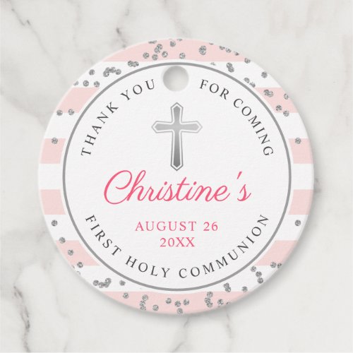 Silver Glitter Light Pink Stripes First Communion Favor Tags