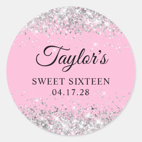 Silver Glitter Light Pink Sweet Sixteen Classic Round Sticker