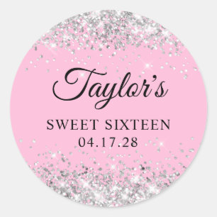 Silver Glitter Light Pink Sweet Sixteen Classic Round Sticker