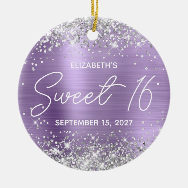 Silver Glitter Light Purple Fancy Sweet 16 Photo Ceramic Ornament (Front)
