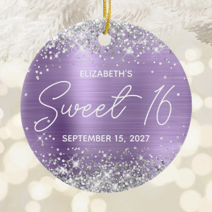 Silver Glitter Light Purple Fancy Sweet 16 Photo Ceramic Ornament