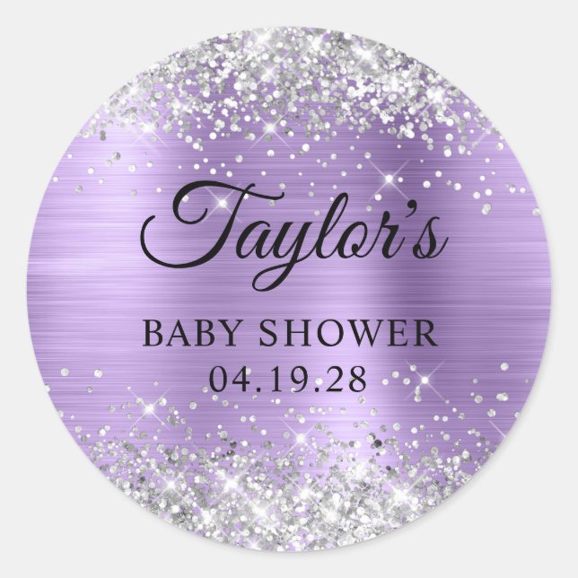 Silver Glitter Light Purple Foil Baby Shower Classic Round Sticker (Front)
