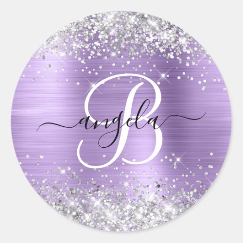 Silver Glitter Light Purple Foil Elegant Monogram Classic Round Sticker