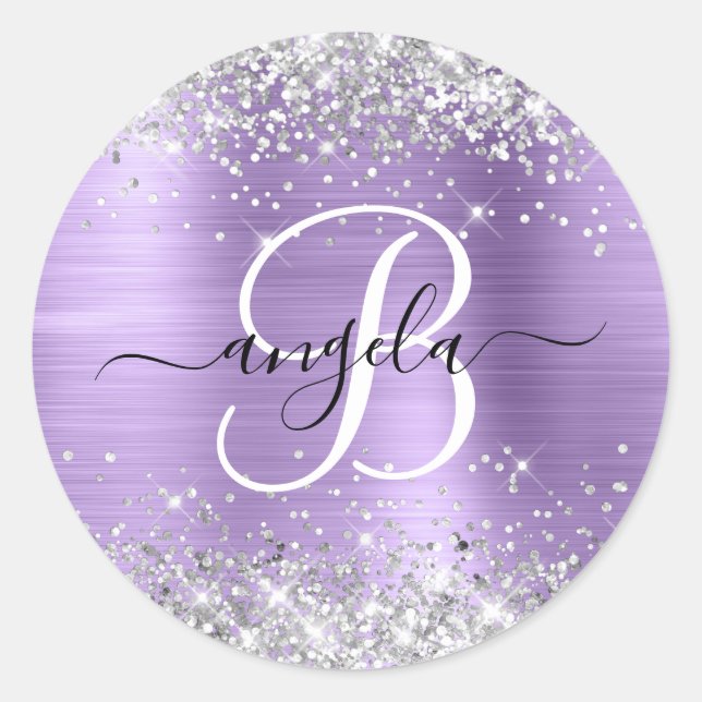 Silver Glitter Light Purple Foil Elegant Monogram Classic Round Sticker (Front)