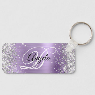 Silver Glitter Light Purple Foil Fancy Monogram Keychain