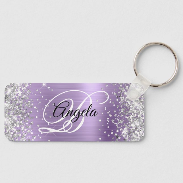 Silver Glitter Light Purple Foil Fancy Monogram Keychain (Front)