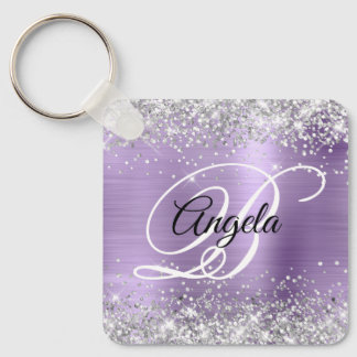 Silver Glitter Light Purple Foil Fancy Monogram Keychain