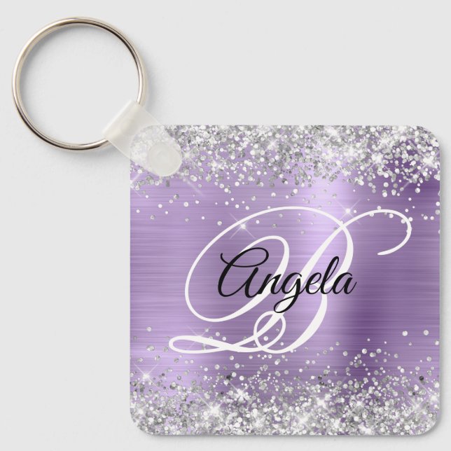 Silver Glitter Light Purple Foil Fancy Monogram Keychain (Front)