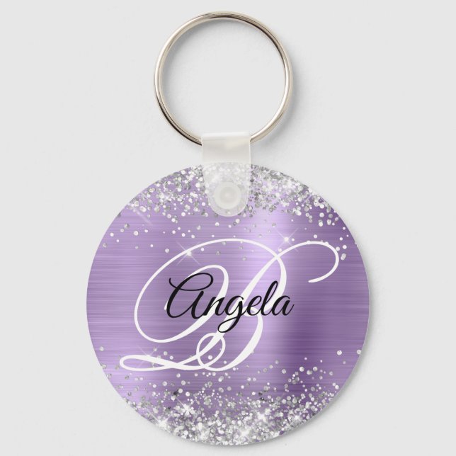 Silver Glitter Light Purple Foil Fancy Monogram Keychain (Front)