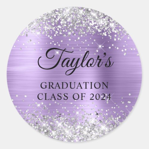 Silver Glitter Light Purple Foil Graduation Classic Round Sticker
