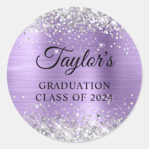 Silver Glitter Light Purple Foil Graduation Classic Round Sticker