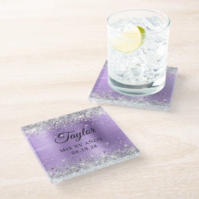 Silver Glitter Light Purple Foil Mis XV Anos Glass Coaster (Angled)
