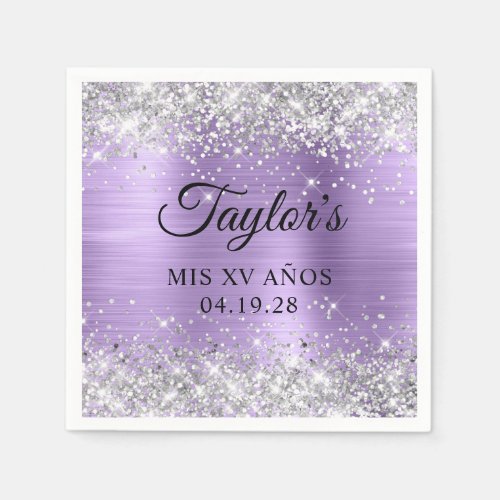 Silver Glitter Light Purple Foil Mis XV Anos Napkins