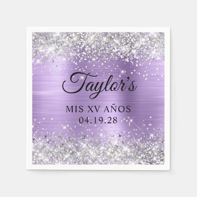 Silver Glitter Light Purple Foil Mis XV Anos Napkins (Front)