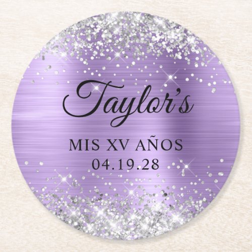 Silver Glitter Light Purple Foil Mis XV Anos Round Paper Coaster