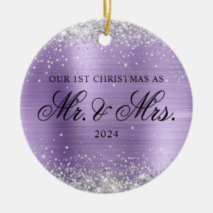 Silver Glitter Light Purple Foil Our 1st Christmas Ceramic Ornament