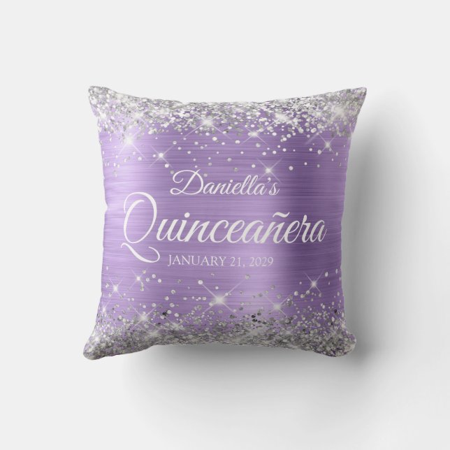 Silver Glitter Light Purple Foil Quinceañera Throw Pillow (Back)