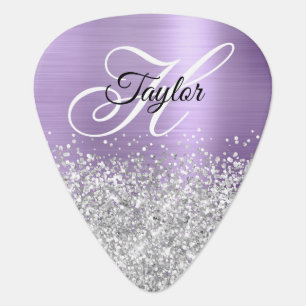 Silver Glitter Light Purple Glam Fancy Monogram Guitar Pick