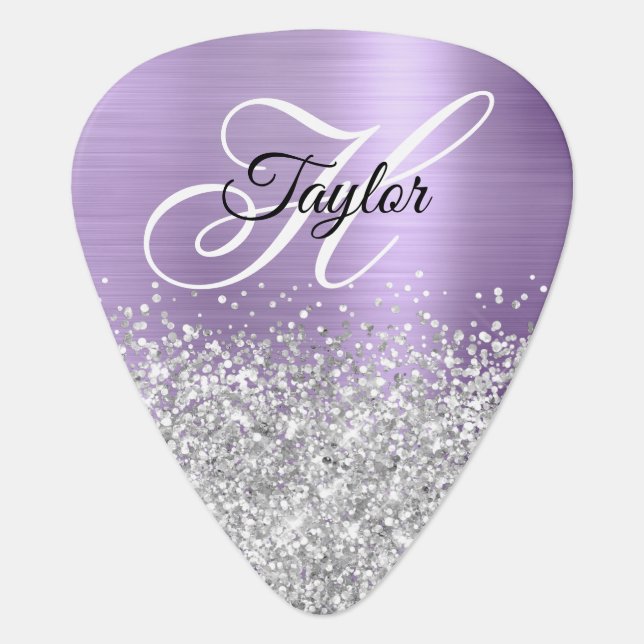 Silver Glitter Light Purple Glam Fancy Monogram Guitar Pick (Front)