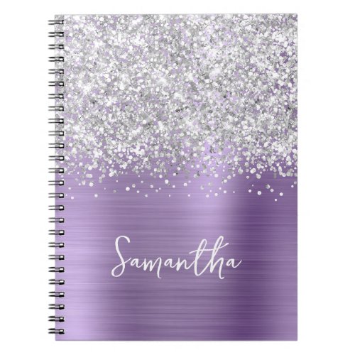 Silver Glitter Light Purple Glam Script Name Notebook
