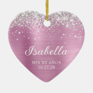 Silver Glitter Light Rose Pink Mis XV Anos Photo Ceramic Ornament