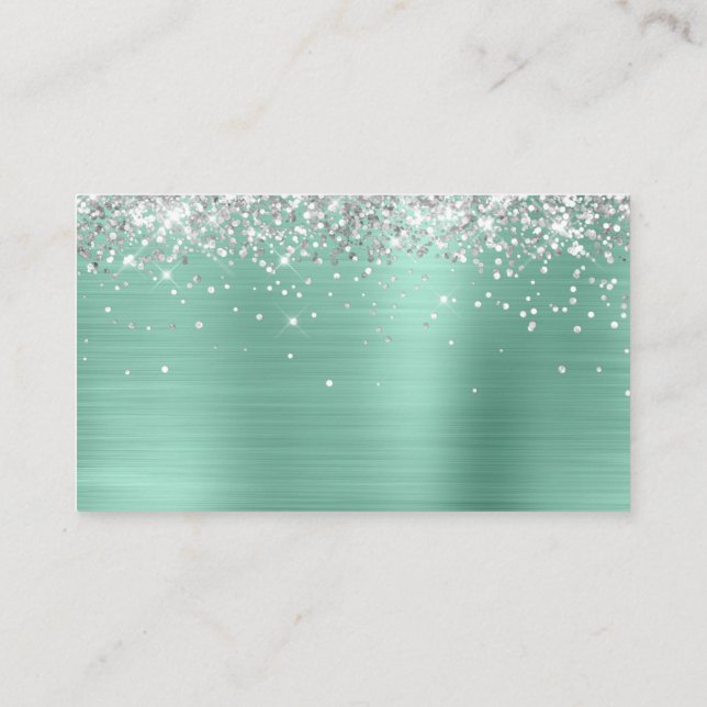 Silver Glitter Light Teal Foil Blank Place Card (Back)