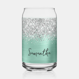 Silver Glitter Light Teal Glam Name Can Glass