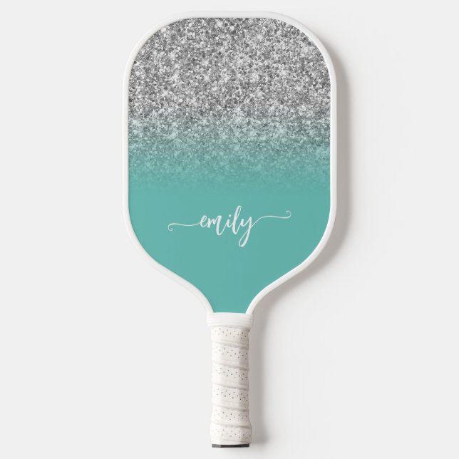 Silver Glitter Light Teal Ombre Modern Script Pickleball Paddle (Front)
