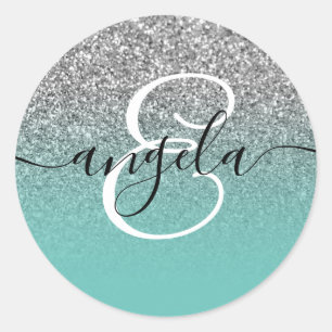 Silver Glitter Light Teal Ombre Monogrammed Classic Round Sticker