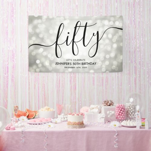 Silver Glitter Lights 50th Birthday  Banner